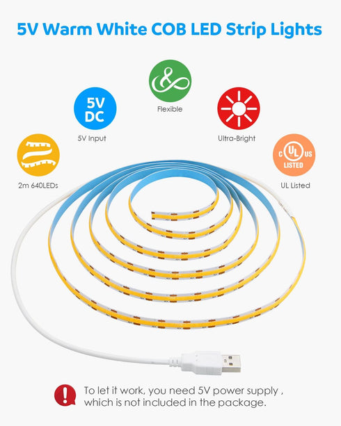 5V 6.56FT 320Leds/M 3000K CRI85+ 2M Aclorol COB LED Strip Lights for TV USB Powered Warm White COB Flexible Light Strip
