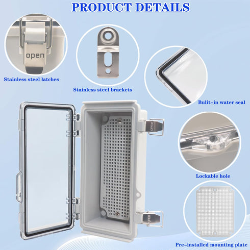 Outdoor Waterproof Electrical Box - IP67 ABS Plastic Junction Box with Hinged Cover, Mounting Plate, Wall Bracket,