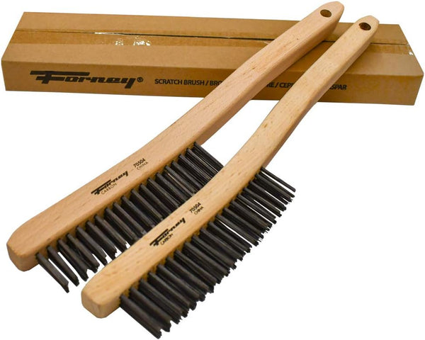 Forney 70504A 2-Pack Carbon Steel Wire Brushes with Curved Wood Handle, Assorted, 13-3/4-Inch-by-.014-Inch