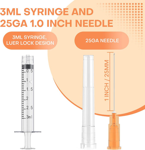 3ml Syringes with 25 Gauge 1 Inch Needle, Luer Lock Disposable Accessories for Lab, Pack of 25