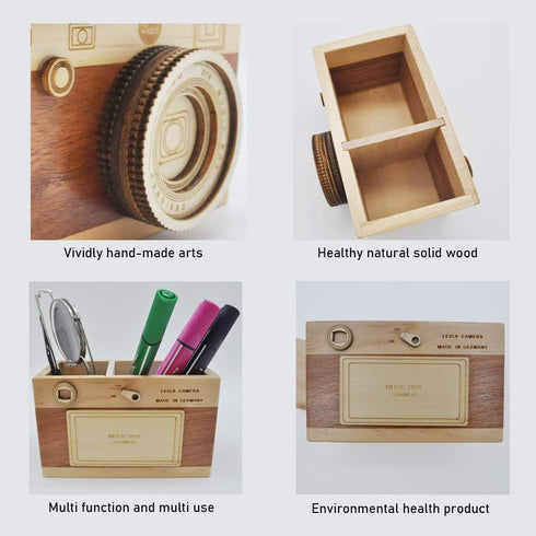 Zak-ka Camera Wooden Pencil Holder, Creative Desktop Organizer for Office Home