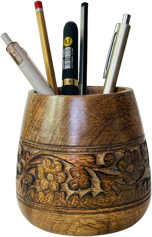 Mie Creations Designer Pencil Holder for Desk, Wooden Paintbrush Cup, Cute Makeup Brush Organizer, Brown