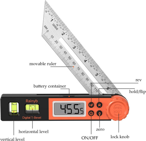 Digital Angle Finder Protractor, 0-360 Degree T-Bevel Gauge with Horizontal Vertical Bubble & LCD Display