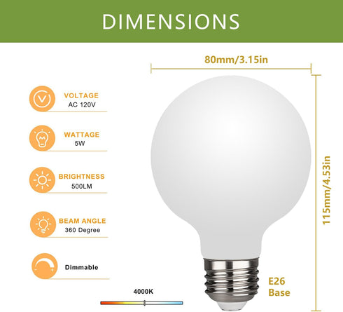 6 Pack G25(G80) Globe LED Light Bulbs, 5W Dimmable 40 Watt Equivalent LED Edison Bulbs, Neutral White 4000K, 500LM, E26 Base, Milky LED Filament Bulbs for Vanity Makeup Mirror by MEILUX