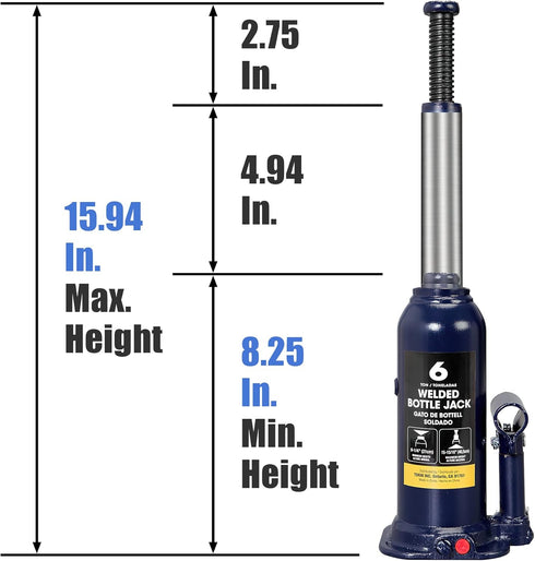 Torin 6 Ton (12,000 LBs) Hydraulic Welded Bottle Jack, Portable Jack with Pump Handle for Cas, Blue, AT90603BU by TCE