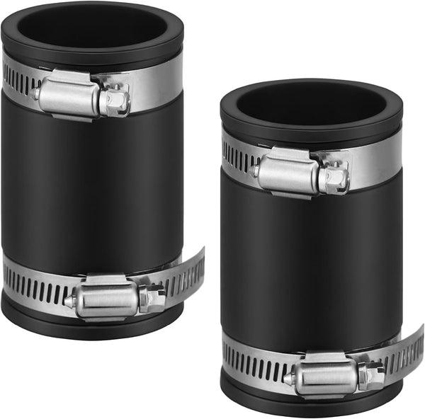 2 Pcs Flexible TPE Coupling with Stainless Steel Clamps for Plastic and Copper Plumbing Connections, Black (1-1/2
