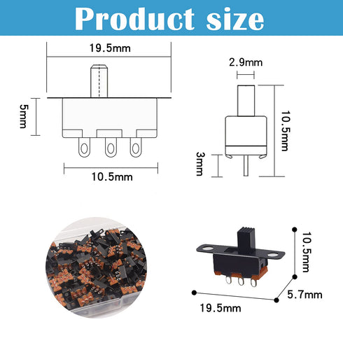 100PCS 3mm High Knob Vertical Micro Mini Slide Switchs,3 Pin 2 Position SPDT with Screw Hole Latching Toggle Switches Panel Mount DC 50V 0.5A SS12F16-G3