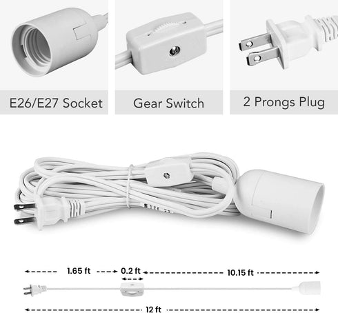 E26 12ft-White-Gear Switch-1Pack Simple Deluxe Hanging Lantern Extension Cord Cable, Plug-in Pendant Light Socket