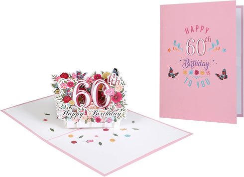 HOMANGA 60th Birthday Pop Up Card - Happy 60th Birthday Greeting Card for Her, Women, Wife, with Blank Note and Envelope