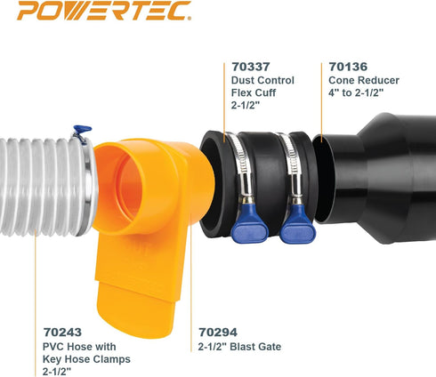 POWERTEC 70402 4" Hose to 2-1/2" Hose Cone Reducer and 2-1/2" Dust Control Flex Cuff with Adjustable Key Hose Clamps for Dust Collection on Power Tool and Vacuum by POWERTEC
