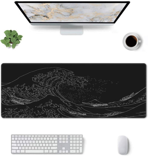 Japanese Sea Wave Large Mouse Pad, Anime Black Gaming Desk Pad, 3mm Thick Non-Slip Rubber Base, 31.5 x 11.8 Inch