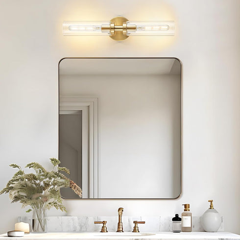 2-Light Lanhall Brushed Brass Gold Bathroom Light Fixtures Over Mirror Modern Vanity Light Wall Lighting with Clear