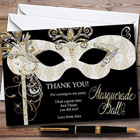 The Card Zoo White & Gold Masquerade Ball Personalized Party Thank You Cards