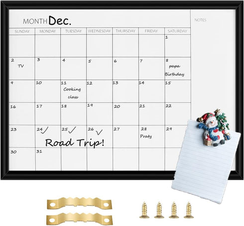 Dry Erase White Board & Monthly Calendar Board - Black Frame, Small Planning Board for Office, School, Home (12" x 16")