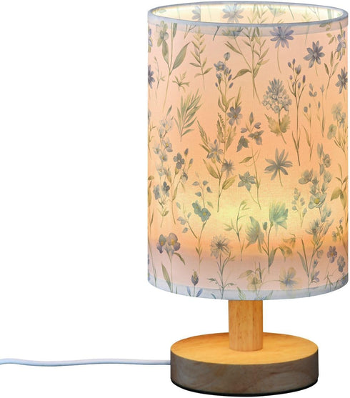 ALAZA Bedside Table Lamp for Bedroom Blue Wildflowers Floral Nightstand LED Light Lamps with USB Port Linen Fabric