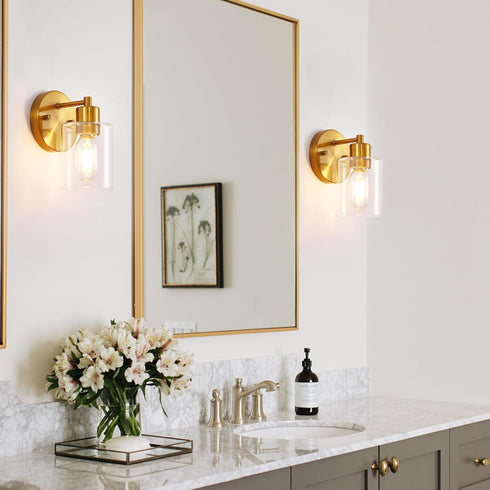 (2PACK) Brushed Gold Wall Sconce, Gold Vanity Light Modernbathroom Light fixtures with Clear Glass Shade Entrance Lamp