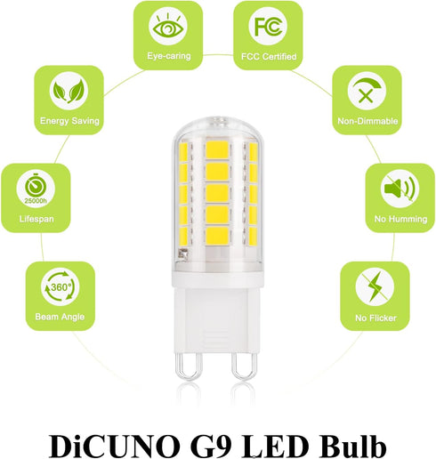 DiCUNO G9 LED Bulb 40W Daylight White 6000K 400LM G9 Bi-pin LED Bulbs for Chandelier Light, Pack of 6