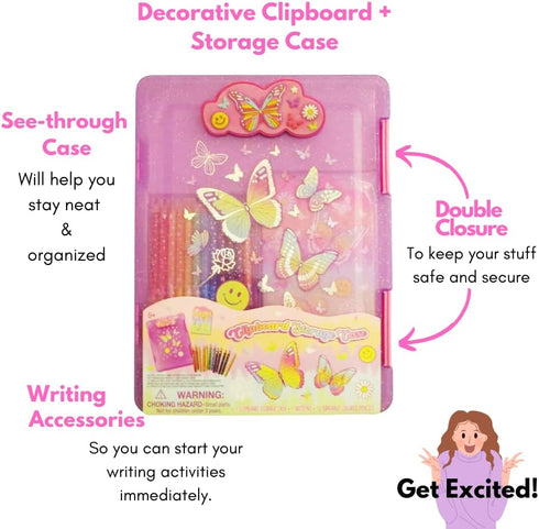 Kids Clipboard Storage Case – Cute Butterfly Design Pink Clip Board with 12 Erasable Colored Pencils, Pad, Stickers