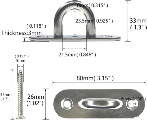 4Pcs 304 Stainless Steel Pad Eye Hooks, 3.15 inch Heavy Ceiling Hook Screw Eyes with 5 x 45mm Screws for Plant Hangers,