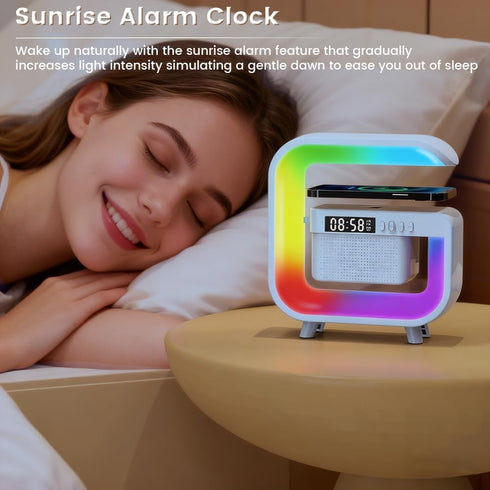 10W Smart LED Table Lamp, Wireless Charger with Fast Charging and Sunrise Alarm Clock, Bluetooth Speaker Lamp