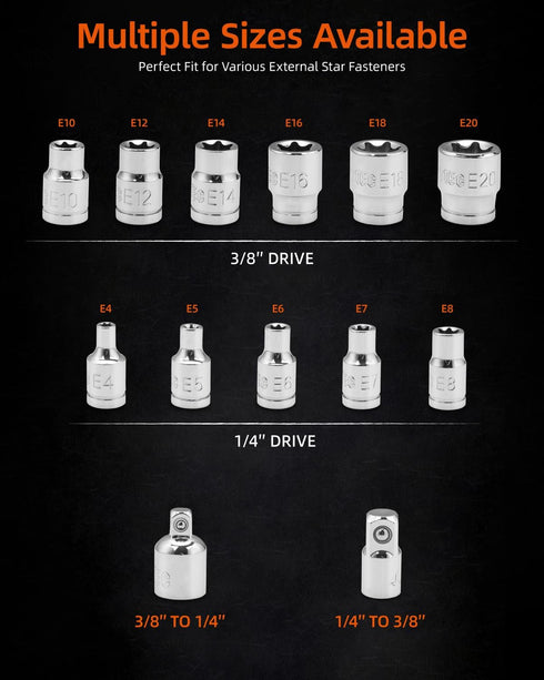 JU JIAN TEC 13-Piece Set 6-Point E4 E20 1/4 3/8 E-Torx Socket with Star Design - to Sizes, & Drive, Hardened CR-V