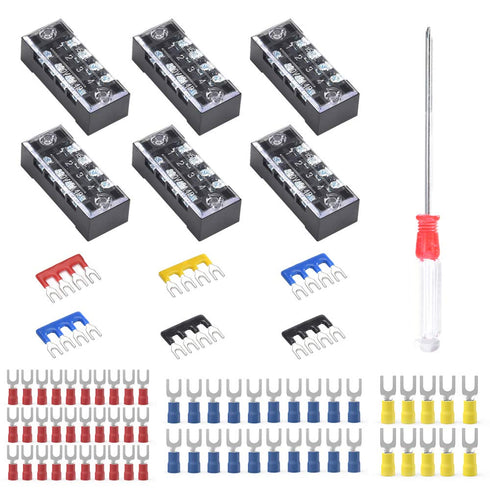 73Pcs Terminal Block Set - 6Pcs 4 Positions 600V 15A Dual Row Screw Terminal Strip Block + Insulated Terminals