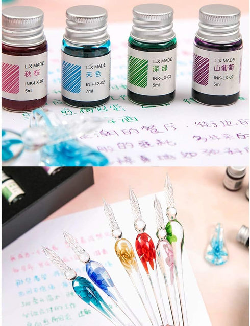 Crystal Glass Intarsia Dip Pen Kit, Vintage Calligraphy Fountain Pen with Ink
