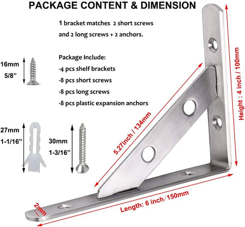 WSZD 4pcs 6 4 inch/150mm 100mm A Shelf Bracket, of x x Stainless Steel Solid Corner Brace L Brackets, Heavy Duty Wall