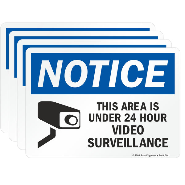 SmartSign (Pack of 4) 5 x 7 inch “Notice - This Area Is Under 24 Hour Video Surveillance” Sticker Labels, USA-Made
