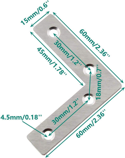 10Pack(60x60mm) Stainless Steel L Shape Flat Corner Brace Bracket for Wood, Metal Fixing Joining Support Brace