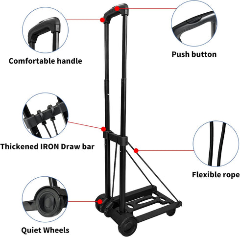 VDHU 2 40kg/90lbs 2 Folding Hand Truck Lightweight Portable Cart, Wheels Fold Up Hand Cart with Elastic Ropes,Compact
