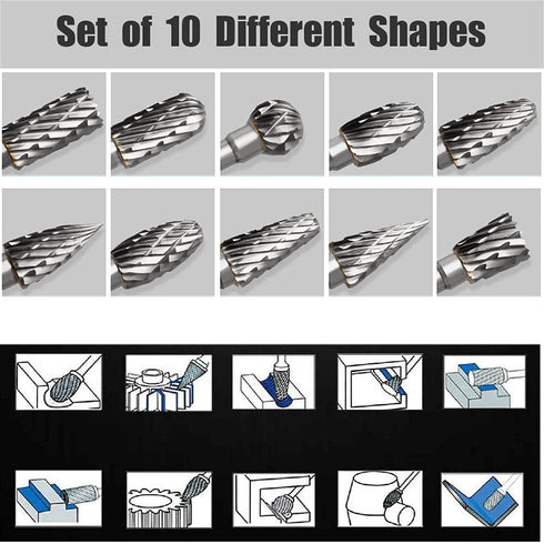 Tungsten Carbide Rotary Burr Set for Dremel, 10PCS Double Cut Carving Bits with 1/8 Shank for Woodworking