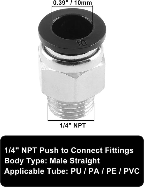 5Pcs Male Straight Push to Connect Fittings, 10mm Tube OD x 1/4 inch NPT Thread for Pneumatic Hose