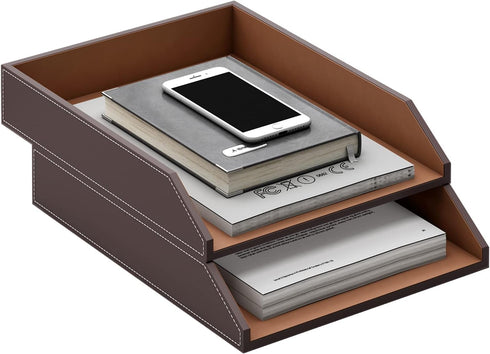Thipoten Leather Letter Tray, Stackable Desk Organizer Holder for Office Supplies, Paper, and Files, Brown-2Tiers