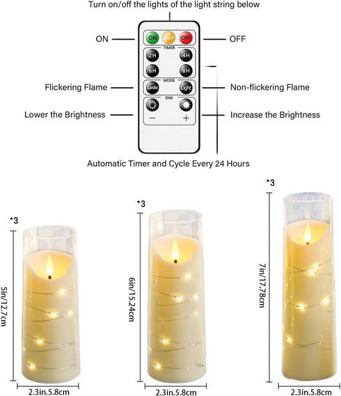 Set 9 Eebuss Flameless Candles with Embedded Star String, Battery Operated LED Pillar Candles with Timer and Remote