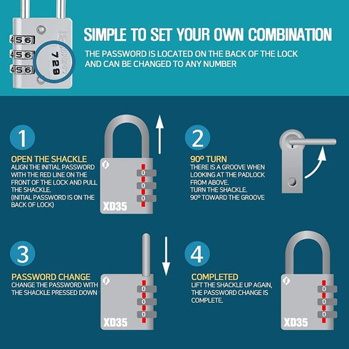 XD35 Combination Lock - 3-Digit Padlock for School Gym Sports Locker, Fence, Toolbox, Case, Hasp Storage (1-Pack, Gray)