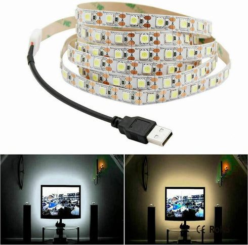ausuky 5V (White-2m 120leds) USB LED Strip Light White TV Backlight Lamp Self Adhesive Flexible Tape Wire