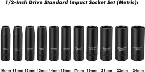 11 1/2-Inch Set, 6-Point, 10mm 24mm CASOMAN Pieces Drive Deep Impact Socket Metric