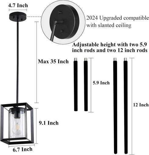 Sheenkarion 1 Pack Farmhouse Black Kitchen Island Pendant Light Fixture,Height Adjustable Metal Rod Hanging Modern