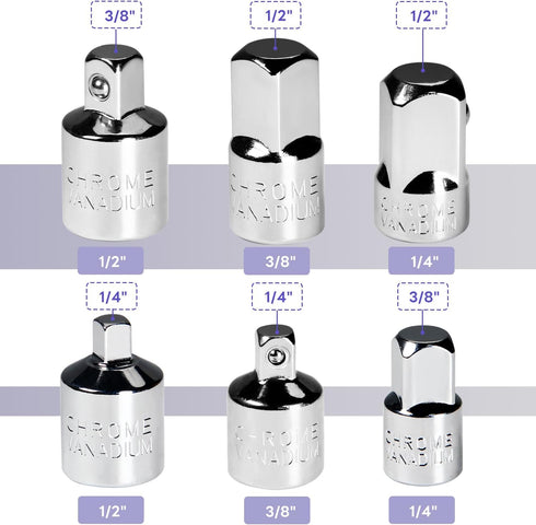 Set 6pcs, 1/4" 3/8" 1/2" Auniwaig Socket Adapter and Reducer SAE Drive Socket Adapter Kit, Square Ratchet Wrench Socket
