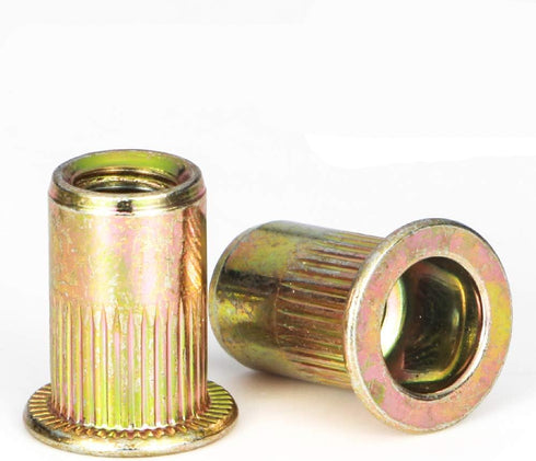 LOKMAN Rivet Nut 100 Pieces 1/4-20UNC Carbon Steel Flat Head Rivnut Threaded Insert Nut, Knurled Body (1/4''-20)
