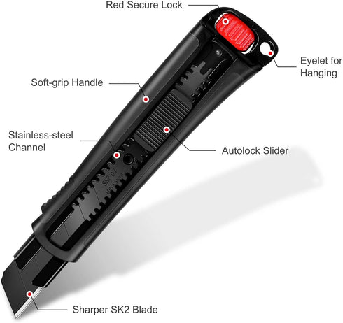 HAUTMEC 25mm Extra Heavy Duty Utility Knife with Double Lock Mechanism, Auto-Lock, and SK2 Sharp Black Blade