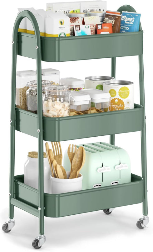 EAGMAK 3 Tier Utility Rolling Cart, Metal Storage Cart with Handle and Lockable Wheels for Kitchen, Living Room,