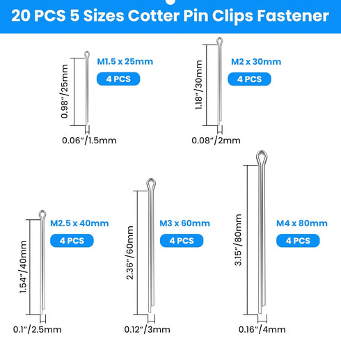 Cotter Pin Assortment Kit, SDTC Tech 20 PCS 304 Stainless Steel Pin Clips Fastener in 5 Sizes