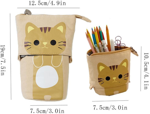 Telescopic Pencil Pouch, Cute Standing Pen Holder, Cartoon Pencil Storage Box (Khaki)