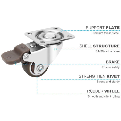1" Caster Wheels, Set of 4 Heavy Duty Casters with Brake, Silent Locking Rubber Wheels for Furniture