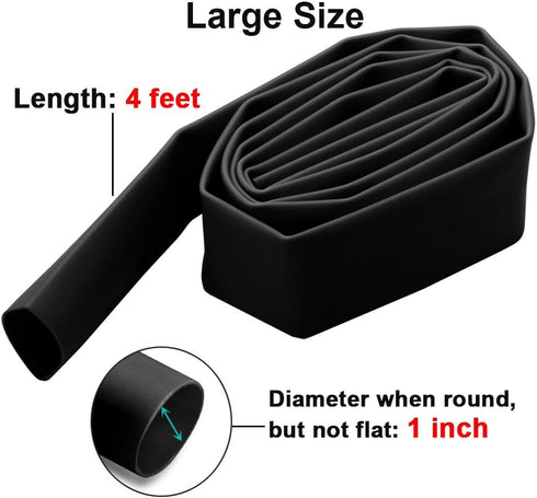 MILAPEAK 1 Inch Dual Wall Adhesive Heat Shrink Tubing, 4 Feet, Black, Large Glue Lined Marine Cable Sleeve