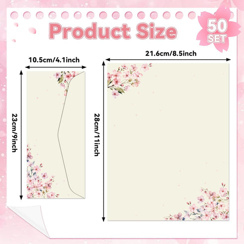 50Pcs 8.5 11 Inch Cherry Blossoms Letterhead with Envelopes Floral Cherry Blossoms Computer Paper Pink Floral
