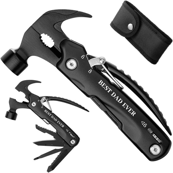 Unique Gifts for Fathers Day Men from Daughter Son Kids, All in One Multitool Hammer Survival Kit for Dad