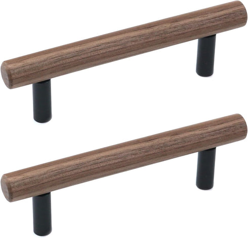 2Pcs Walnut Solid Wood Pulls Handles Aluminum Alloy Black Base Kitchen Wardrobe